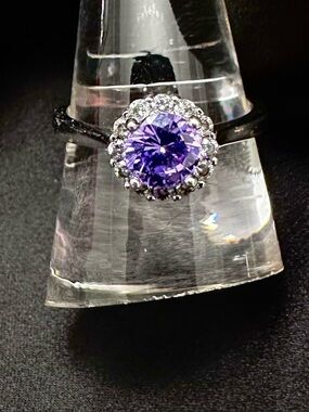 Purple Halo Ring Silver Tone Round Cut Statement Fashion Ring